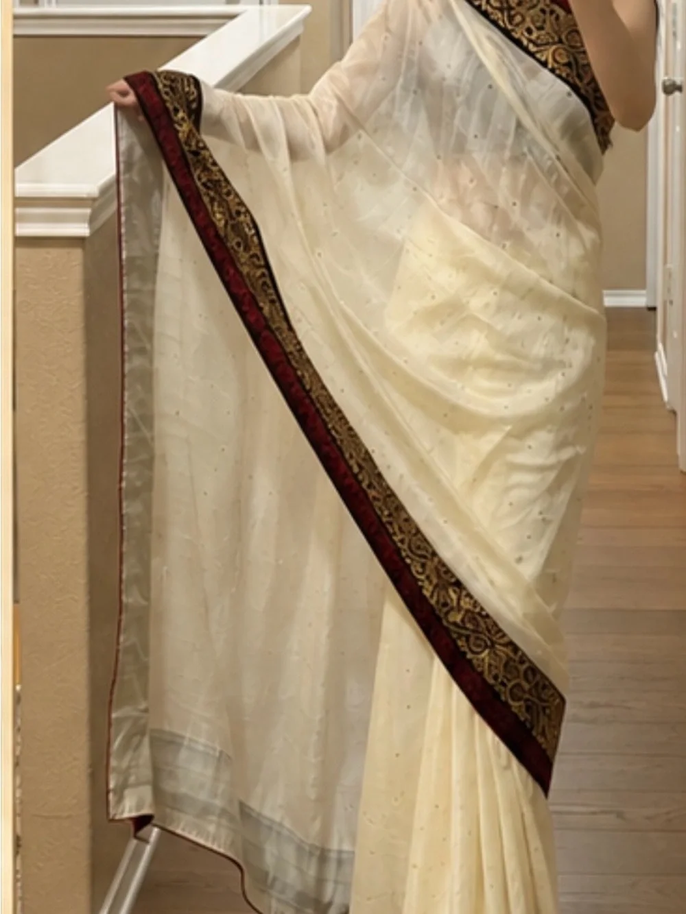 Elegant Ivory / Cream Saree with Burgundy & Gold Border